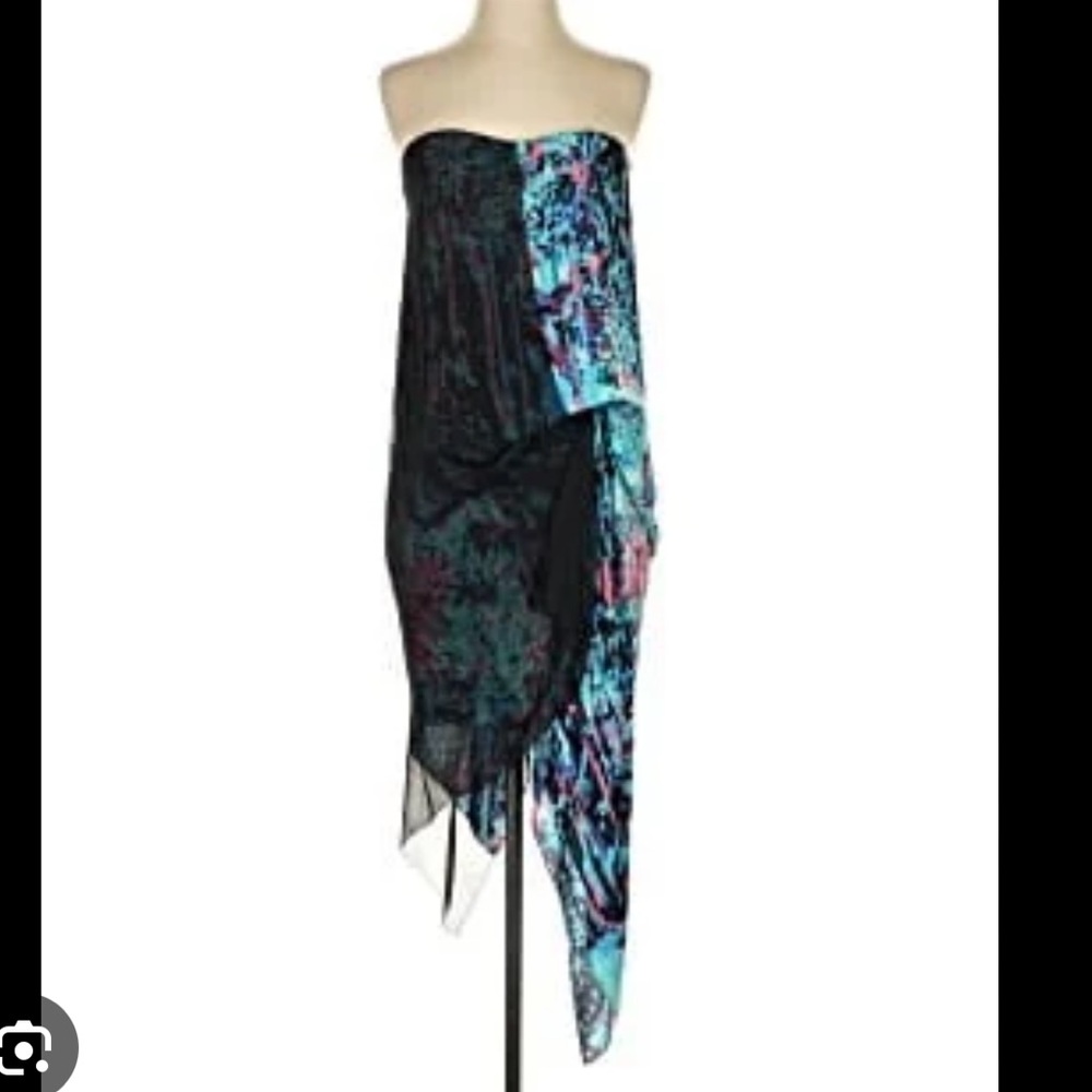 BCBGMaxAzria RUNWAY Black and Blue Asymmetrical Silk Dress